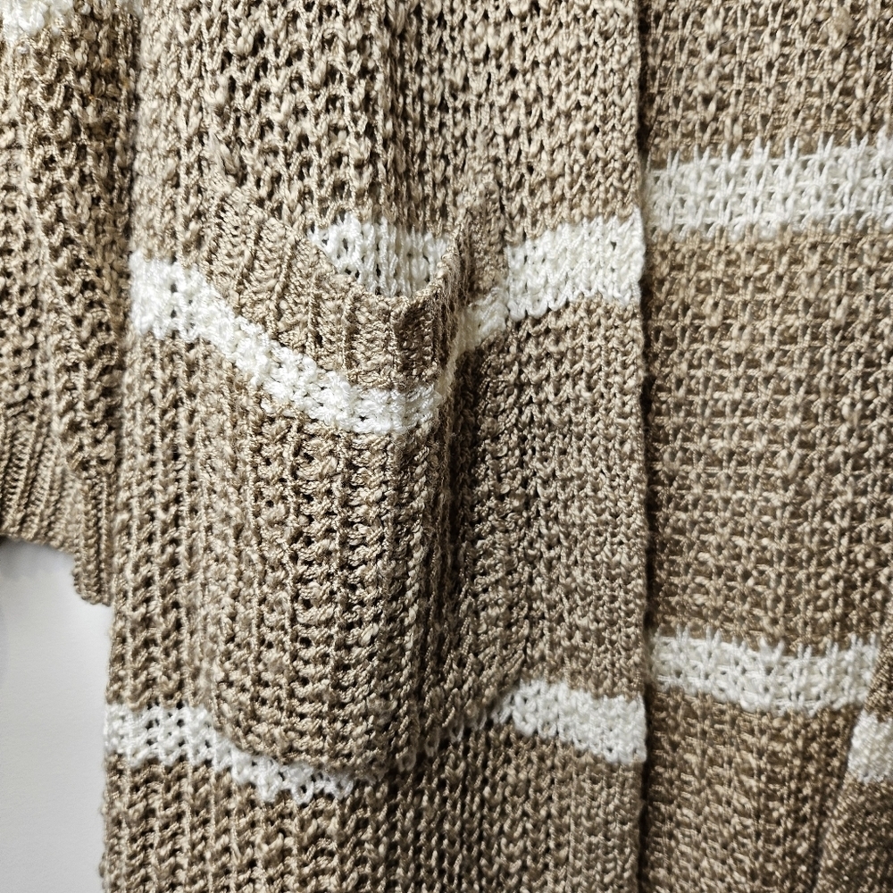 Macaron Cardigan Sweater Small Neutral Beige White Striped Open Knit Pockets - Picture 5 of 8